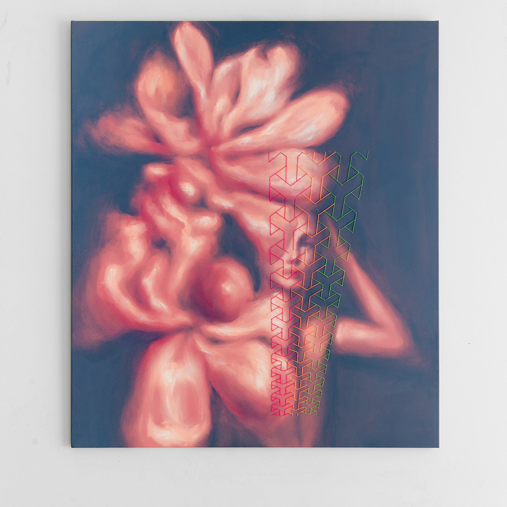 Allegory painting by artist Bay Backner, oil paint and embroidery