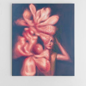 Allegory painting by artist Bay Backner, oil paint and embroidery