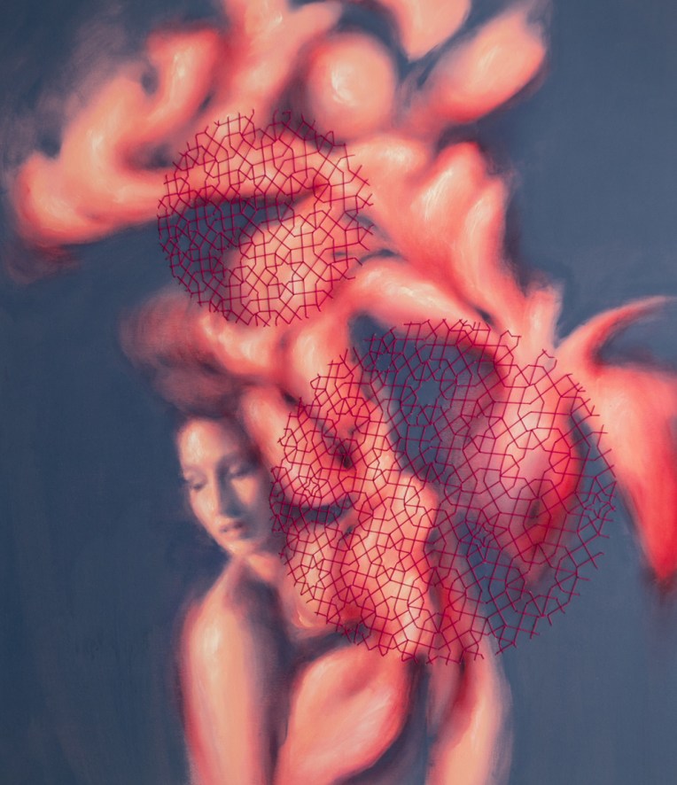 Anima by Bay Backner, oil painting and embroidery, art