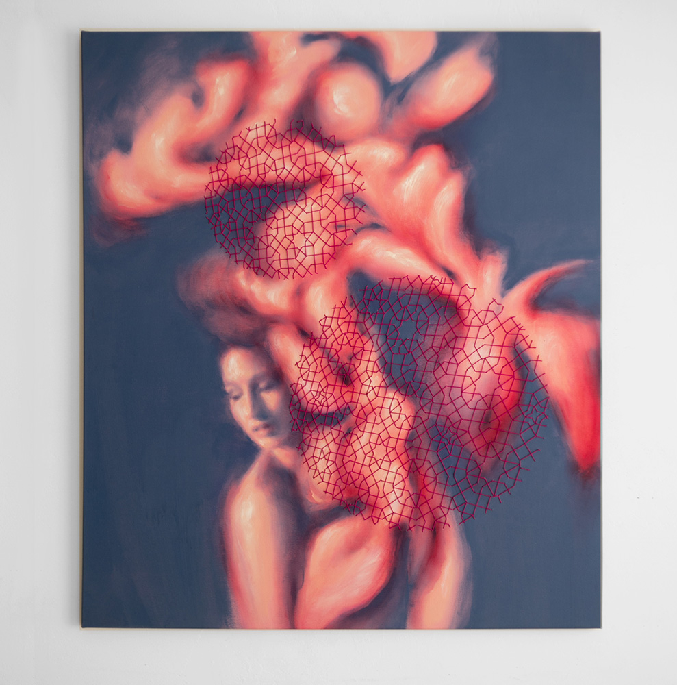 Anima painting by artist Bay Backner, oil paint and embroidery