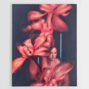 Memento painting by artist Bay Backner, oil paint and embroidery