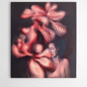 Shrine painting by artist Bay Backner, oil paint and embroidery